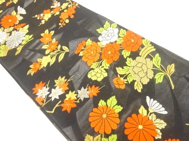 JAPANESE KIMONO / ANTIQUE FUKURO OBI / SILK / WOVEN NOSHI & SEASONAL FLOWERS
